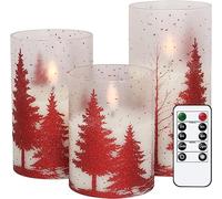 Eldnacele Bougies de sapin de Noël en verre LED vacillantes avec télécommande et minuteur, bougies réalistes à piles 3D avec mèche en cire véritable sans flamme pour la décoration de Noël