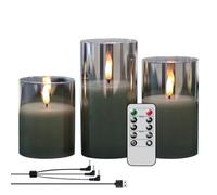 Eldnacele Bougies LED rechargeables sans flamme avec effet vacillant et minuteur, bougies en verre gris à piles (D 7,6 cm × H 10,2 cm, 12,7 cm, 15,2 cm)