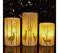 Eldnacele Bougies sans flamme avec effet flamme vacillante et minuteur de 6H, lot de 3 bougies en cire véritable avec décalcomanie de rennes en or, lumières LED pour décoration de Noël à la maison