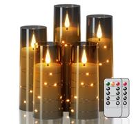 Eldnacele Bougies sans flamme avec télécommande et minuterie, guirlande lumineuse intégrée, bougies piliers LED en acrylique vacillantes, à piles, 5 bougies en verre incassable, noir