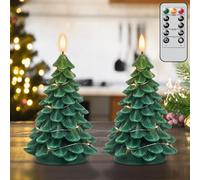 Eldnacele Lot de 2 bougies de sapin de Noël avec télécommande et minuteur - Guirlandes LED sans flamme avec flamme 3D vacillante - Bougies LED à piles pour Noël