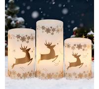 Eldnacele Lot de 3 bougies LED avec minuterie de 6 heures, sans flamme, en cire véritable, alimentées par piles avec rennes dorés, 7,5 x 10/12,5/15 cm, idéales pour la décoration de Noël