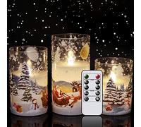 Eldnacele Lot de 3 bougies piliers LED sans flamme vacillantes en verre avec minuterie à distance - Fonctionnement à piles - Motif traîneau du Père Noël - Bougies en cire véritable pour décoration de