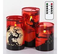 Eldnacele Lot de 3 bougies sans flamme en verre rouge d'Halloween avec minuteur à piles - Pour décoration de la maison - Cadeau - Motif château sorcière