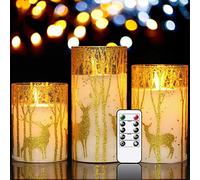 Eldnacele Lot de 3 bougies sans flamme en verre vacillantes avec télécommande minuterie, renne, élan, cire véritable, bougies lumineuses avec flammes dansantes réalistes et décoration de Noël