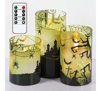 Eldnacele Lot de 3 bougies sans flamme en verre vert Halloween avec télécommande - Avec minuterie - Fonctionne sur piles - Pour décoration de la maison - Cadeau - Toile d'araignée - Château fantôme