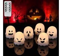 Eldnacele Lot de 6 bougies chauffe-plat sans flamme avec télécommande et minuterie - Bougies fantômes grimaces à piles - Blanc - Avec lumière à intensité variable - Pour décoration d'Halloween