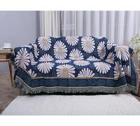 ele ELEOPTION Couverture de canapé tissée, double face avec franges Serviette tricotée Avec glands décoratifs Canapé Chaise Couverture de lit Nappe (marguerite, bleu marine, 130x 180 cm)
