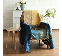 ele ELEOPTION Couverture de Jet en Chenille, Glands Jacquard Couverture de Canapé Housse de Chaise Décorative pour Canapé-Lit Soft Chair, Folk Tribal Pattern (150 x 190 CM, Bleu)