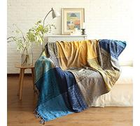 ele ELEOPTION Couverture de Jet en Chenille, Glands Jacquard Couverture de Canapé Housse de Chaise Décorative pour Canapé-Lit Soft Chair, Folk Tribal Pattern (220 x 250 CM, Bleu)