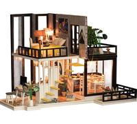 ele ELEOPTION Kit de construction de maison de poupée miniature Maison en bois de bricolage avec 5 lumières LED et housse anti-poussière , Meubles de maison créatifs faits à la main 2 niveaux Modèle d