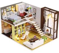 ele ELEOPTION Kit de construction de maison de poupée miniature Maison en bois de bricolage avec 5 lumières LED et housse anti-poussière , Meubles de maison créatifs faits à la main 2 niveaux Modèle d