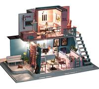 ele ELEOPTION Kit de construction de maison de poupée miniature Maison en bois de bricolage avec 5 lumières LED et housse anti-poussière , Meubles de maison créatifs faits à la main 2 niveaux Modèle d