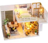ele ELEOPTION Kit de construction de maison de poupée miniature Maison en bois de bricolage avec 5 lumières LED et housse anti-poussière , Meubles de maison créatifs faits à la main 2 niveaux Modèle d