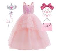 Eleasica Costume Princesse Glinda Magique Déguisement Fille En Tulle Avec Accessoires Robe De Soirée Rose Unie À Bretelles Tenue De Demoiselle D'Honneur Anniversaire Spectacle Photo, 140