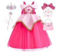 Eleasica Déguisement Belle Au Bois Dormant Pour Enfant Fille Robe Aurore À Bretelles Décolletée Avec Fleurs Et Accessoires Cadeau Pour Anniversaire Soirée Ou Fête D'Enfant, rouge, 150