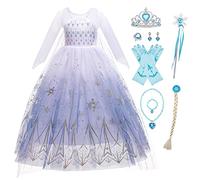 Eleasica Enfant Reine des Neiges 2 Robe de Princesse Elsa Fille Baguette Magique Couronne Déguisement Noël Carnaval Halloween fête Costume Manche Longue Fancy Dress,Violet,130