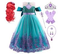 Eleasica Enfant Sirène Robe de Princesse Ariel Fille Couronne Baguette Magique Robe de Déguisement Anniversaire Noël Carnaval Halloween Fancy Dress Costume Perruque Gants Paillettes,Vert,150