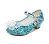 Eleasica Fille Chaussures de Princesse Reine des Neiges Elsa Chaussures pour Déguisement Cendrillon Talon Haut Cristal Fleur Paillettes Noël Carnaval Soirée Mariage Cocktail,Bleu,34
