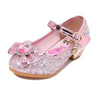 Eleasica Fille Chaussures pour Déguisement Bout Fermé Chaussures de Princesse Reine des Neiges Chaussures à Talons Antidérapant Carnaval Noël Anniversaire Paillettes,Rose New,26