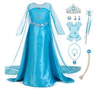 Eleasica Fille Costume Manche Longue Robe de Princesse Elsa Reine des Neiges Déguisement pour Enfant Noël Carnaval 3 à 9 ans Fête Accessoires Diadème Tresse Gants Baguette Magique,Bleu,120