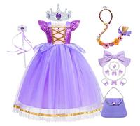 Eleasica Fille Déguisement de Raiponce Robe boule à paillettes Longue robe mousseline espiègle à petites manches volantes avec accessoires pour anniversaire fête parc ou cadeau d'enfant, 150