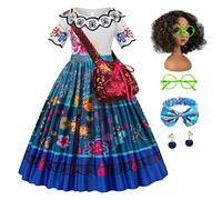 Eleasica Fille Encanto Déguisement pour Enfant Mirabel Robe de Princesse Sac Perruque Lunettes Bandeau Boucle d'oreilles Costume Cosplay Cadeau Anniversaire Noël Carnaval Fancy Dress,Bleu,140