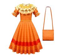 Eleasica Fille Encanto Robe Pepa Luisa Isabela Mirabel Dolores Déguisement Sac Enfant Costume Halloween Noël Cosplay Cadeau Anniversaire Fête Carnaval Princesse 3-10 Ans,Orange+sac,110