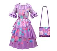 Eleasica Fille Encanto Robe Pepa Luisa Isabela Mirabel Dolores Déguisement Sac Enfant Costume Halloween Noël Cosplay Cadeau Anniversaire Fête Carnaval Princesse 3-10 Ans,Violet+sac,120