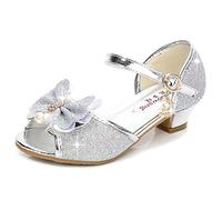 Eleasica Fille Haute Qualité Chaussures de Princesse Elsa Cendrillon Paillettes Sandales Argenté Bleu Doux Halloween Noël Anniversaire Ballerine à Talon Déguisement,Argent,28 EU