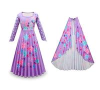 Eleasica Fille Isabela Robe Encanto Perruque Sac Cape Déguisement pour Enfant Cadeau Noël Anniversaire Carnaval Halloween Costume Manches Longues Soirée Fête,Violet+cape,160