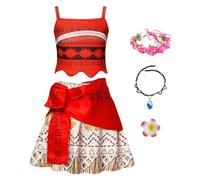 Eleasica Fille Princesse Moanna Robe de Princesse Vaiana Déguisement pour Enfant Robe de Costume Noël Carnaval Cadeau Anniversaire Halloween Guirlande Collier Pince Saint-Nicolas,Rouge,110
