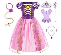 Eleasica Fille Princesse Raiponce Déguisement pour Enfant Cadeau d'anniversaire Robe de Princesse Baguette Couronne Tresse Collier Costume Noël Carnaval Manche Bouffante,Rose,120