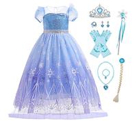 Eleasica Fille Robe de Cosplay Reine des Neiges Déguisement pour Enfant Princesse Elsa Costume Noël Carnaval Cadeau d'anniversaire Robe Maxi Traîne Longue Baguette Magique Couronne,Bleu,120