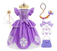 Eleasica Fille Robe de Déguisement Princesse Sofia Kit de Cosplay Raiponce avec Couronne et Baguette Magique Costume Halloween Anniversaire Carnaval Cadeau Enfant 3-10 Ans, 130