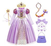 Eleasica Fille Robe Princesse Raiponce Kit Complet de Déguisement Violet Cosplay de Jeu Enfantin pour Mascarade Halloween Anniversaire Carnaval, 150