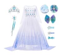 Eleasica Fille Robe Reine des Neiges 2 Déguisement de Princesse Elsa Enfant Noël Carnaval Robe de Costume Miroir et Pince à Cheveux Manches Longues Cosplay Cadeau Anniversaire,Bleu,140