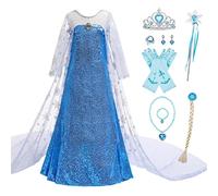 Eleasica Princesse Elsa Déguisement pour Enfant Reine des Neiges Robe de Princesse Anna Fille Noël Cadeau Anniversaire Costume Accessoires Baguette Couronne Manches Longues,Bleu,130