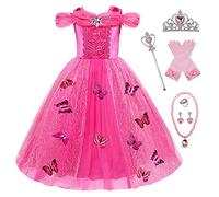 Eleasica Robe de Déguisement Fille Princesse Elsa Robe de Princesse Cendrillon Papillon Reines des Neiges Costume Manches Courtes Noël Carnaval Halloween Cosplay Baguette Couronne,Rose,100