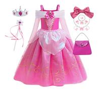 Eleasica Robe de Princesse Aurore Cosplay pour Fille Robe de Bal à Manches Longues Décolleté avec Accessoires Tenue de Spectacle pour Anniversaire Jeu de Rôle Carnaval, Rouge, 120
