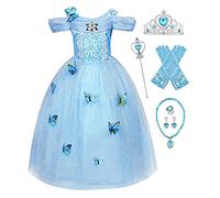 Eleasica Robe de Princesse Elsa Fille Reines des Neiges Déguisement pour Enfant Princesse Cendrillon Papillons Baguette Couronne Costume Cadeau Noël Carnaval Halloween 3-8 Ans,Bleu,140