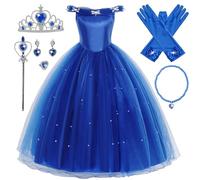 Eleasica Robe de Soirée Fille Princesse Cendrillon Robe de Princesse Elsa Reine des Nerige Baguette Magique Couronne Déguisement pour Enfant Cocktail Mariage Anniversaire Noël Carnaval,Bleu,140