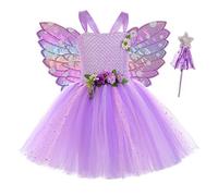 Eleasica Robe Princesse Des Étoiles Pour Petite Fille Déguisement Fée De Fleurs Avec Ailes D'Ange Tenue Férique À Bretelles Anniversaire Jour De Détente, Violet, L