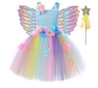 Eleasica Robe Princesse Des Étoiles Pour Petite Fille Déguisement Fée De Fleurs Avec Ailes D'Ange Tenue Férique À Bretelles Anniversaire Jour De Détente, Bleu, S