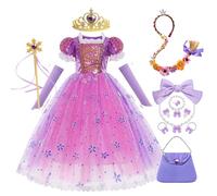 Eleasica Robe Princesse Raiponce pour Fille Costume avec Couronne & Baguette Magique Déguisement Anniversaire Halloween Noël Robe Tulle Élégante pour Fêtes et Carnaval, violet, 150