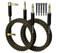 Elecan Lot de 2 câbles TRS de 6,35 mm à angle droit + jack mâle droit de 6,35 mm - Cordon d'interconnexion audio stéréo plaqué or pour guitare électrique et basse + 5 attaches