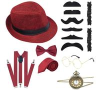 ELECLAND 10 Pièces 1920s Hommes Costume Accessoires Ensemble, Chapeau, Noeud Papillon, Montre De Poche, Jarretelles, Lunettes, Barbe, Brassard Jarretières, Montre De Poche (Wine Red)