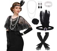 ELECLAND 10 Pièces Années 1920 Flapper Great Gatsby Accessoires Set Mode Roaring 20's Theme Set avec Bandeau Bandeau Long Gants Noirs Collier Boucles d'Oreilles pour Femme (Black, Style 2)
