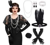 ELECLAND 10 Pièces Années 1920 Flapper Great Gatsby Accessoires Set Mode Roaring 20's Theme Set avec Bandeau Bandeau Long Gants Noirs Collier Boucles d'Oreilles pour Femme (Black, Style 3)