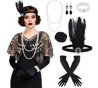 ELECLAND 10 Pièces Années 1920 Flapper Great Gatsby Accessoires Set Mode Roaring 20's Theme Set avec Bandeau Bandeau Long Gants Noirs Collier Boucles d'Oreilles pour Femme (Black Gold, Style 4)